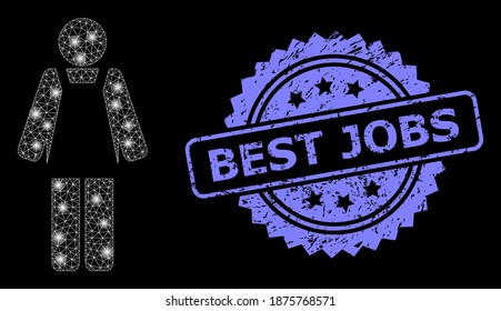 Glowing mesh net worker person with glowing spots, and Best Jobs rubber rosette stamp seal. Illuminated vector constellation created from worker person icon.