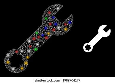 Glowing mesh net wrench tool with multi colored glowing spots. Illuminated vector framework created from wrench tool pictogram. Sparkle constellation mesh wrench tool, on a black backgound.