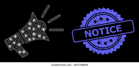 Red de malla brillante megáfono publicitario con manchas brillantes y sello de marca de rosette grunge. Modelo vectorial iluminado creado a partir de un icono de megáfono publicitario.