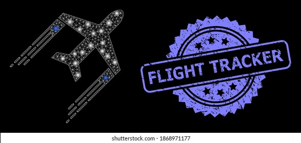 Glowing mesh network airplane trail with lightspots, and Flight Tracker textured rosette stamp seal. Illuminated vector constellation created from airplane trail icon.