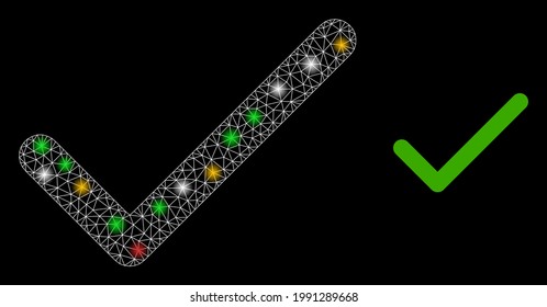 Glowing mesh network apply tick with multi colored flash nodes. Illuminated vector mesh created from apply tick icon. Sparkle carcass mesh apply tick, on a black backgound.