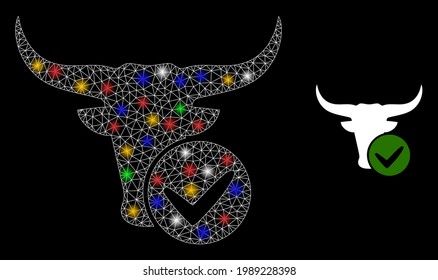 Glowing mesh network approved beef with multicolored light spots. Illuminated vector mesh created from approved beef symbol. Sparkle frame mesh approved beef, on a black backgound.