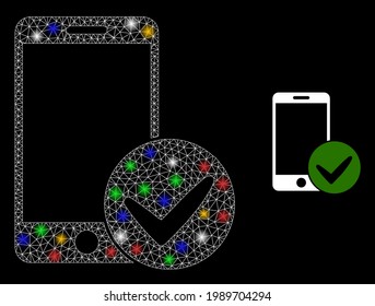 Glowing mesh network approved smartphone with colored glowing spots. Constellation vector mesh created from approved smartphone symbol. Sparkle carcass mesh approved smartphone, on a black backgound.