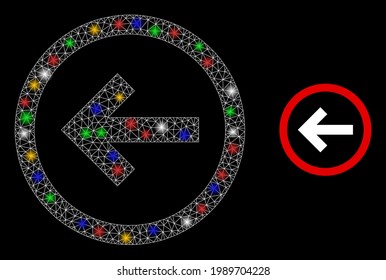 Glowing mesh network back direction with multi colored glowing spots. Constellation vector mesh created from back direction symbol. Sparkle constellation wired back direction, on a black backgound.