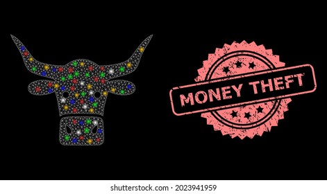 Glowing mesh network beef head with lightspots, and Money Theft dirty rosette stamp seal. Illuminated vector model created from beef head pictogram.