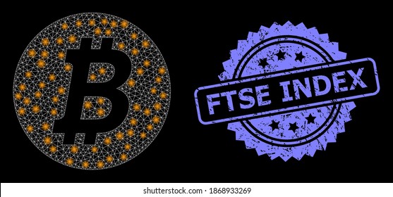 Moneda de bitcoin de red de malla brillante con manchas brillantes, y imitación del sello de rosette sucio del índice Ftse. Modelo vectorial iluminado creado a partir del icono de la moneda de bitcoin. El sello azul tiene la etiqueta Ftse Index dentro de la roseta.