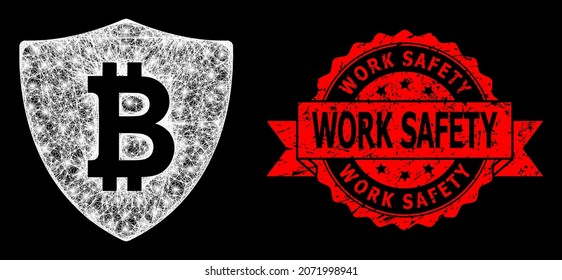 Glowing mesh network bitcoin protection with glowing spots, and Work Safety textured ribbon stamp. Red stamp seal has Work Safety caption inside ribbon.