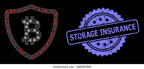 Glühender Netzbitcoin-Schild mit Leuchtpunkten und Storage Insurance Grunge Rosette Stempel-Siegel. Illuminierte Vektorkonstellation, die aus dem Bitcoin-Schild-Symbol erstellt wurde.