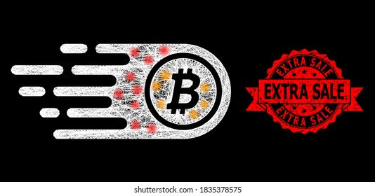 Glowing mesh network bitcoin with glowing spots, and Extra Sale rubber ribbon stamp. Red seal has Extra Sale text inside ribbon. Illuminated vector model created from bitcoin icon with white mesh.