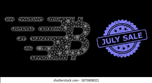 Glowing mesh network bitcoin symbol with glowing spots, and July Sale rubber rosette seal imitation. Illuminated vector constellation created from bitcoin symbol icon.