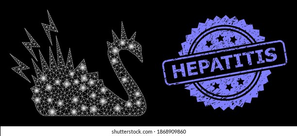 Glowing mesh network black danger swan with glowing spots, and Hepatitis textured rosette stamp seal. Illuminated vector model created from black danger swan icon.