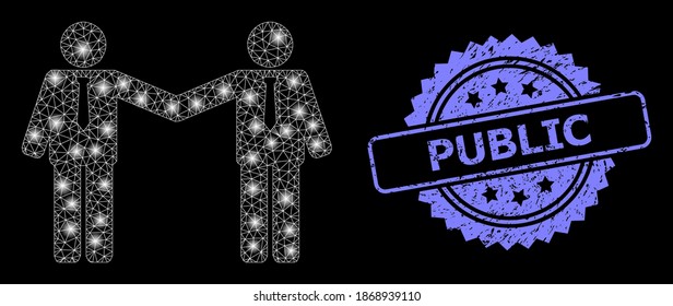 Glowing mesh network businessmen relations with glowing spots, and Public rubber rosette seal. Illuminated vector constellation created from businessmen relations icon.