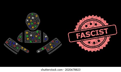 Glowing mesh network butcher man with glowing spots, and Fascist scratched rosette stamp. Illuminated vector structure created from butcher man icon. Pink stamp has Fascist caption inside rosette.
