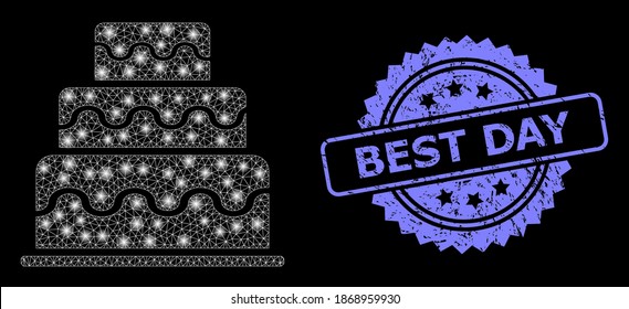 Glowing mesh network cake with glowing spots, and Best Day unclean rosette stamp seal. Illuminated vector model created from cake icon. Blue seal has Best Day title inside rosette.