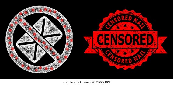 Glowing mesh network censored mail with glowing spots, and Censored Mail scratched ribbon stamp seal. Red seal contains Censored Mail title inside ribbon.