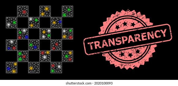 Glowing mesh network chess board with glowing spots, and Transparency rubber rosette seal print. Illuminated vector structure created from chess board pictogram.