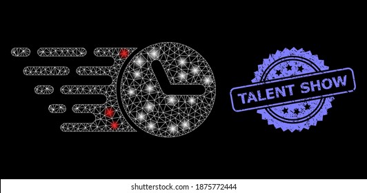Glowing mesh network clock with glowing spots, and Talent Show scratched rosette seal. Illuminated vector constellation created from clock icon.