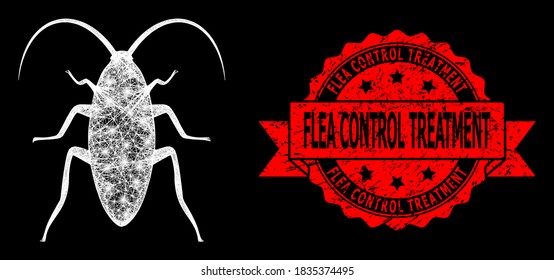 Glowing mesh network cockroach with lightspots, and Flea Control Treatment corroded ribbon seal imitation. Red stamp seal has Flea Control Treatment text inside ribbon.