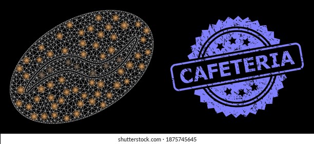 Glowing mesh network coffee bean with light spots, and Cafeteria dirty rosette stamp. Illuminated vector model created from coffee bean icon. Blue stamp includes Cafeteria text inside rosette.