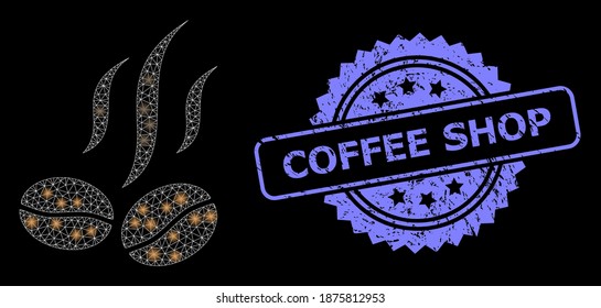 Glowing mesh network coffee beans smell with glowing spots, and Coffee Shop scratched rosette stamp seal. Illuminated vector constellation created from coffee beans smell icon.
