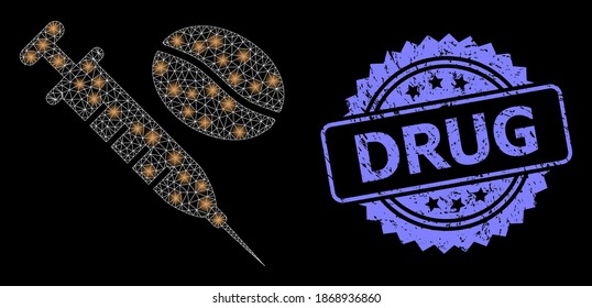 Glühende Maschenkoffein-Spritze mit leuchtenden Flecken und Drug grunge Rosette-Robbenimitation. Leuchtende Vektorkonstellation, die aus dem Symbol einer Sarg-Spritze erstellt wurde.
