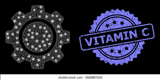 Glowing mesh network cog wheel with glowing spots, and Vitamin C rubber rosette stamp. Illuminated vector constellation created from cog wheel icon.