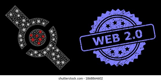 Glowing mesh network connector with lightspots, and Web 2.0 corroded rosette seal. Illuminated vector constellation created from connector icon. Blue seal includes Web 2.0 tag inside rosette.