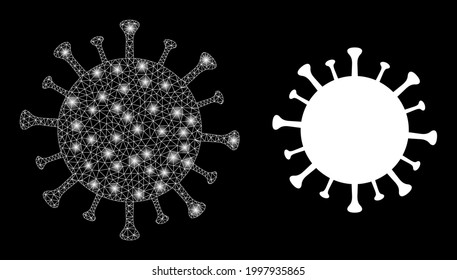 Glowing mesh network Covid-19 virus with glowing spots. Illuminated vector constellation created from Covid-19 virus icon with white mesh. Sparkle frame mesh polygonal Covid-19 virus.