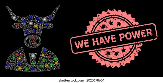 Mancha de vaca de red de malla brillante con manchas brillantes, y tenemos marca de agua de rosette impura de Poder. Malla vectorial iluminada creada a partir del símbolo del jefe de vaca.