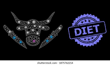 Glowing mesh network cow butchery with glowing spots, and Diet textured rosette stamp seal. Illuminated vector model created from cow butchery icon. Blue stamp has Diet caption inside rosette.