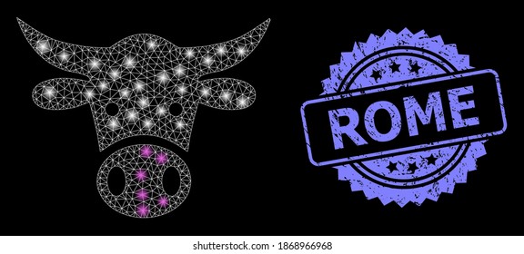 Glowing mesh network cow head with glowing spots, and Rome unclean rosette stamp seal. Illuminated vector constellation created from cow head icon. Blue stamp seal contains Rome title inside rosette.