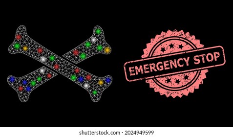 Glowing mesh network crossing bones with glowing spots, and Emergency Stop unclean rosette seal. Illuminated vector constellation created from crossing bones icon.