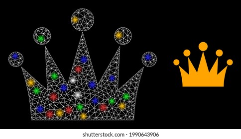 Glowing mesh network crown with vibrant glowing spots. Constellation vector framework created from crown symbol. Sparkle constellation polygonal crown, on a black backgound.