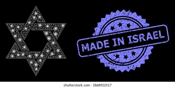 Glühendes Netz david Stern mit Lichtflecken, und Made in Israel kratzte Rosette-Robben-Imitation. Illuminiertes Vektormodell, das aus dem david-Sternsymbol erstellt wurde.