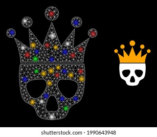 Glowing mesh network dead king with colored lightspots. Constellation vector mesh created from dead king pictogram. Sparkle carcass mesh dead king, on a black backgound.