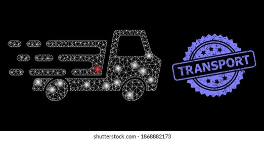 Cojín de transporte de red de malla brillante con manchas de luz, y la impresión de rosette de rosetón no limpio de transporte. Constelación vectorial iluminada creada a partir del icono de chassi del coche de entrega.