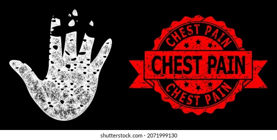 Glowing mesh network destructed hand with glowing spots, and Chest Pain textured ribbon stamp seal. Red stamp has Chest Pain title inside ribbon.