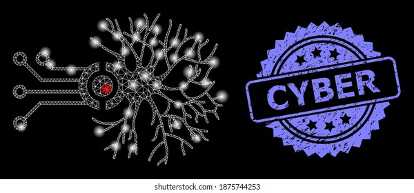 Conexión neural digital de red de malla brillante con manchas brillantes y sello de rosette rayado en ciberlíneas. Constelación vectorial iluminada creada a partir del icono de conexión neural digital.