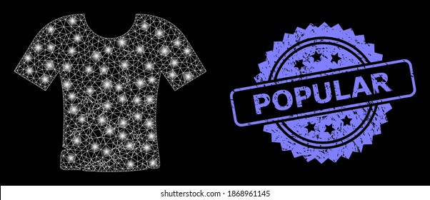 Glowing mesh network dirty t-shirt with lightspots, and Popular corroded rosette stamp. Illuminated vector constellation created from dirty t-shirt icon. Blue stamp has Popular tag inside rosette.