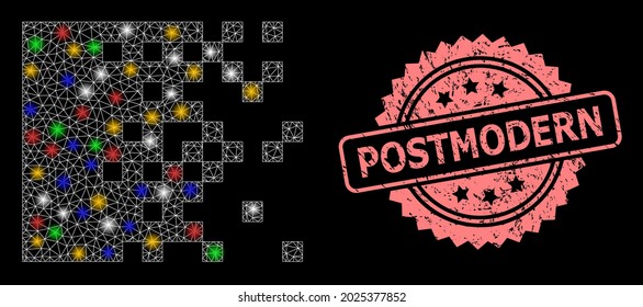 Glowing mesh network dissolving pixels with flash nodes, and Postmodern dirty rosette seal print. Illuminated vector mesh created from dissolving pixels icon.