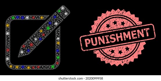 Glowing mesh network edit pencil with flash nodes, and Punishment textured rosette stamp. Illuminated vector mesh created from edit pencil icon. Pink stamp seal has Punishment title inside rosette.