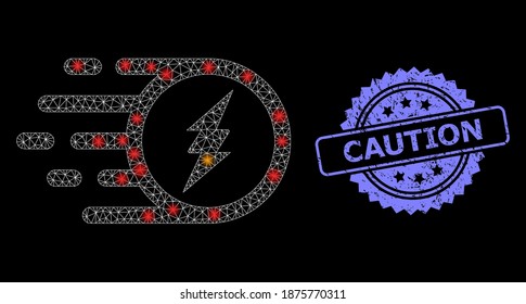 Glowing mesh network electric charge with glowing spots, and Caution unclean rosette seal imitation. Illuminated vector constellation created from electric charge icon.