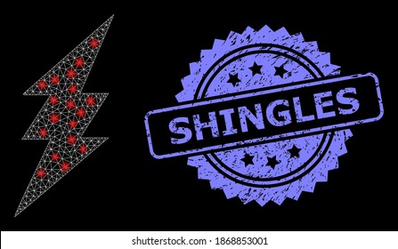 Glowing mesh network electric spark with glowing spots, and Shingles rubber rosette seal imitation. Illuminated vector constellation created from electric spark icon.