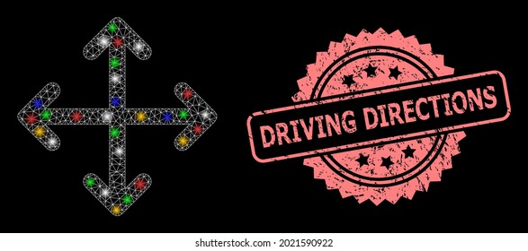 Glowing mesh network expand arrows with light dots, and Driving Directions unclean rosette stamp seal. Illuminated vector structure created from expand arrows pictogram.