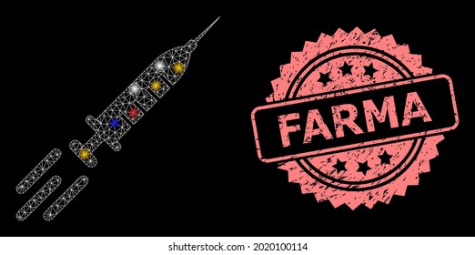 Glowing mesh network express vaccine with light dots, and Farma unclean rosette stamp. Illuminated vector mesh created from express vaccine pictogram.