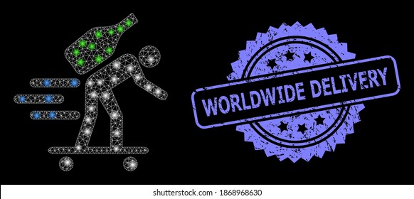 Glühendes Netz Schnellwein Kurier mit leuchtenden Flecken, und weltweit liefern strukturierte Rosette-Wasserzeichen. Illuminiertes Vektormodell, das aus dem Eilkuriersymbol erstellt wurde.
