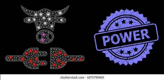 Glowing mesh network farm power supply with light spots, and Power dirty rosette stamp. Illuminated vector constellation created from farm power supply icon.