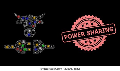Glowing mesh network farm power supply with bright dots, and Power Sharing scratched rosette seal print. Illuminated vector mesh created from farm power supply pictogram.