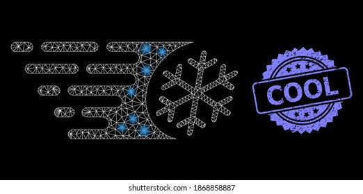 Glowing mesh network fast freezing with lightspots, and Cool grunge rosette stamp seal. Illuminated vector model created from fast freezing icon. Blue stamp seal contains Cool title inside rosette.