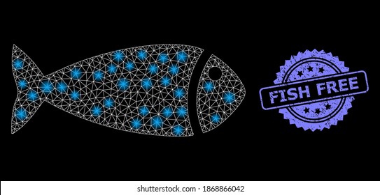 Glowing mesh network fish with glowing spots, and Fish Free scratched rosette stamp seal. Illuminated vector model created from fish icon. Blue stamp includes Fish Free text inside rosette.